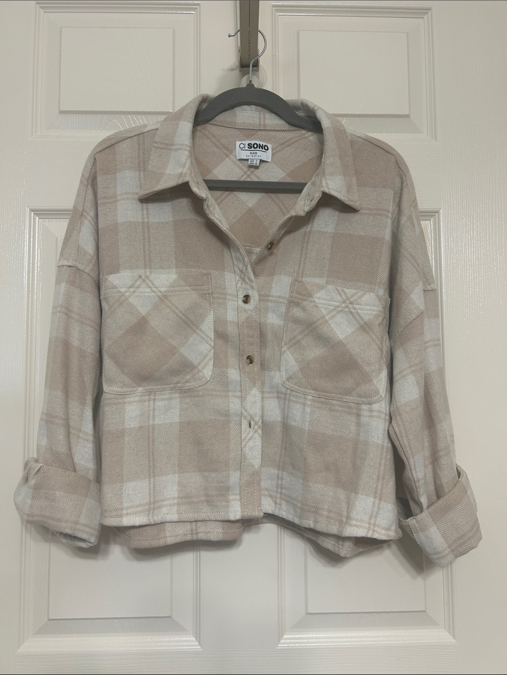 Ci Sono Plaid Cropped Flannel Super Soft Cozy and Oversized Tan and Ivory CUTE
